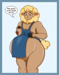  absurd_res ambiguous_fluids anthro apron apron_only belly bodily_fluids bovid breasts caprine chubby_female clothing dialogue female fur genitals hi_res lactating mammal milk nude pregnant pregnant_female pussy rub_lug sheep slightly_chubby solo speech_bubble text wool_(fur) 