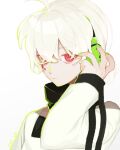  1boy adjusting_headphones black_shirt expressionless facial_mark green_nails hair_between_eyes headphones highres jacket kagerou_project konoha_(kagerou_project) long_sleeves looking_at_viewer male_focus portrait red_eyes shirt short_hair short_ponytail simple_background solo white_background white_hair white_jacket yuusuke_(yyy_xp) 