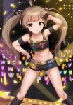  1girl absurdres ahoge arm_strap audience belt black_footwear black_gloves black_shorts boots brown_eyes brown_hair closed_mouth collarbone crop_top fingerless_gloves gloves hair_ribbon hakozaki_serika half_gloves hand_on_own_hip highres idol idolmaster idolmaster_million_live! idolmaster_million_live!_theater_days knee_boots koaya long_hair midriff navel pink_ribbon ribbon short_shorts shorts smile solo spread_legs standing stomach twintails very_long_hair 