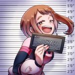  1girl :d absurdres artist_name barbie_mugshot_(meme) black_bodysuit bodysuit boku_no_hero_academia bright_pupils brown_eyes brown_hair bunnnyui character_name commentary english_commentary hand_up highres holding holding_sign instagram_username looking_at_viewer meme mugshot name_tag short_hair sign smile solo teeth thick_thighs thighs tiktok_username twitter_username upper_teeth_only uraraka_ochako watermark white_pupils 