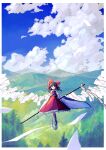  1girl absurdres ascot blue_ascot blue_sky bow cloud cloudy_sky collar collared_shirt detached_sleeves flying frilled_bow frilled_hair_tubes frills full_body gohei hair_bow hair_tubes hakurei_reimu highres jacket long_sleeves looking_at_viewer mountain mountainous_horizon red_bow red_headwear red_jacket red_skirt ribbon-trimmed_sleeves ribbon_trim shirt skirt skirt_set sky socks solo touhou uzumibi white_shirt wide_sleeves 
