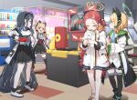  4girls absurdly_long_hair animal_ear_headphones animal_ears arcade arcade_cabinet aris_(blue_archive) arm_up black_hair black_hairband black_skirt black_socks black_thighhighs blonde_hair blue_archive blue_bow blue_necktie blush boots bow cat_tail closed_eyes closed_mouth collared_shirt fake_animal_ears game_development_department_(blue_archive) green_eyes green_halo hair_bow hairband halo headphones highres indoors jacket long_hair midori_(blue_archive) momoi_(blue_archive) multiple_girls necktie open_mouth pink_halo pleated_skirt raised_fist red_bow red_eyes red_footwear red_hair shirt shoes short_hair siblings sisters skirt slippers socks standing tail tears thighhighs twins two-sided_fabric two-sided_jacket vending_machine very_long_hair white_footwear white_jacket white_shirt yellow_halo yukie_(kusaka_shi) yuzu_(blue_archive) 
