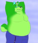  anthro belly belt big_belly bigboywuff bottomwear canid canine canis clothed clothing curled_tail green_body hi_res male mammal open_bottomwear open_clothing open_pants overweight overweight_male pants pecs solo tail wolf 