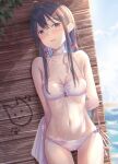  1girl ahoge arms_behind_back bikini black_hair blue_eyes breasts cleavage commentary_request highres kinom_(sculpturesky) long_hair side-tie_bikini_bottom small_breasts solo swimsuit wet_bikini white_bikini yahari_ore_no_seishun_lovecome_wa_machigatteiru. yukinoshita_yukino 