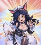  1girl :d ahri_(league_of_legends) alternate_costume animal_ears bare_shoulders black_dress black_sleeves breasts brown_thighhighs cleavage collarbone cowboy_shot detached_sleeves dress enmaided facial_mark fang fox_ears fox_tail large_breasts league_of_legends long_sleeves maid maid_headdress multiple_tails orange_eyes phantom_ix_row shiny_skin smile solo tail thighhighs whisker_markings 