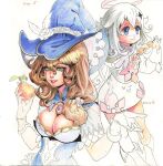  2girls blue_eyes blue_headwear blue_skirt boots breasts brown_hair cleavage cleavage_cutout clothing_cutout colored_pencil_(medium) dress english_commentary food fruit genshin_impact gloves green_eyes grey_hair hair_between_eyes halo hat holding holding_food holding_fruit holding_skewer lisa_(genshin_impact) long_hair looking_at_viewer medium_breasts medium_hair multiple_girls paimon_(genshin_impact) parted_lips philiera single_thighhigh skewer skirt smile sunsettia_(genshin_impact) thighhighs traditional_media unfinished white_background white_dress white_footwear white_gloves white_thighhighs witch_hat 