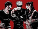  3boys arm_on_another&#039;s_shoulder bleeding blindfold blood blood_on_clothes blood_on_face commentary_request crossed_arms evil_smile fushiguro_touji getou_suguru gojou_satoru hair_bun hand_on_another&#039;s_head jacket japanese_clothes jujutsu_kaisen kesa kimono long_sleeves looking_back male_focus multiple_boys muscular muscular_male open_mouth pants plug_(piercing) red_background shirt short_hair smile teeth wide_sleeves zhhy3324 