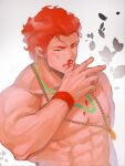  aged_down alexandros_(fate) bara beard blood bruise facial_hair fate/grand_order fate_(series) frown hand_up highres injury iskandar_(fate) jewelry large_pectorals long_sideburns looking_at_viewer male_focus muscular muscular_male necklace nosebleed nude pectorals red_eyes red_hair serious shababuru short_hair sideburns upper_body wiping_nosebleed 