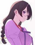  1girl bakemonogatari black_hair braid closed_mouth glasses hair_ornament hair_ribbon hairclip hanekawa_tsubasa highres looking_at_viewer looking_to_the_side monogatari_(series) naoetsu_high_school_uniform purple_eyes purple_ribbon purple_shirt ribbon school_uniform shimizu_tomoki shirt simple_background smile solo twin_braids upper_body white_background yellow_ribbon 