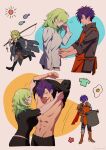  1boy 1girl abs apron armor arms_up black_cape black_footwear black_shirt black_shorts boots breasts brown_pantyhose buttons byleth_(female)_(fire_emblem) byleth_(fire_emblem) cape chibi closed_eyes closed_mouth collared_shirt commentary_request enlightened_byleth_(female) fire_emblem fire_emblem:_three_houses fire_emblem_warriors:_three_hopes fishing_rod green_eyes green_hair hair_over_one_eye highres holding holding_fishing_rod long_hair long_sleeves medium_breasts muscular muscular_male navel nzmnnkk one_eye_covered orange_apron orange_footwear pantyhose pout purple_eyes purple_hair shez_(fire_emblem) shez_(male)_(fire_emblem) shirt short_hair short_sleeves shorts shoulder_armor smile stomach sweatdrop topless_male undressing_another white_shirt 