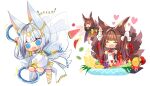  3girls amagi-chan_(azur_lane) amagi_(azur_lane) amagi_(red_kite_respite)_(azur_lane) animal_ear_fluff animal_ears arabian_clothes azur_lane blue_dress blue_eyes blue_gemstone breasts brown_hair chain chakram chibi closed_eyes detached_sleeves dress food fox_ears fox_girl fox_tail fruit fruit_bowl gem gold gold_chain grapes hair_ornament heart kaga_(snowsilk_fox_dance)_(azur_lane) kitsune kiwi_(fruit) kiwi_slice kyuubi large_breasts large_tail long_hair long_sleeves melon melon_slice multiple_girls multiple_tails official_alternate_costume open_mouth orange_(fruit) puffy_sleeves putimaxi see-through short_hair simple_background standing standing_on_one_leg tail weapon white_background white_hair 