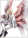  1boy alternate_costume angel_wings barururunru black_footwear black_necktie blonde_hair boku_no_hero_academia border buttons closed_mouth collared_shirt commentary_request diamond_earrings dress_shoes earrings facial_hair facial_mark feathered_wings figure_four_sitting forked_eyebrows formal from_above full_body goatee goatee_stubble gold_trim grey_border hair_slicked_back hawks_(boku_no_hero_academia) highres invisible_chair jacket jacket_on_shoulders jewelry lapels looking_to_the_side looking_up male_focus messy_hair midair multiple_wings necktie open_clothes open_jacket outside_border pants partial_commentary red_wings sanpaku shadow shawl_lapels shirt short_hair sideways_glance sitting smile solo stubble stud_earrings suit triangle unbuttoned unbuttoned_sleeves white_background white_jacket white_shirt wing_collar wings yellow_eyes 
