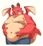  anthro belly belly_squeeze blep dragon hi_res horn male merkavat moobs navel nipples oumi_(tamacolle) overweight red_body scar shirtless solo tamacolle tongue tongue_out wings 