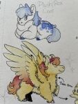 absurd_res ambiguous_gender blue_body blue_fur blue_hair buttonback duo english_text equid equine fluffy_pony fur hair hi_res mammal orange_hair pegasus red_hair text white_body white_fur wings yellow_body yellow_fur 