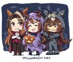  3girls animal_costume animal_ears ascot bat_(animal) black_cape black_pants blush_stickers brown_hair cape clenched_teeth ghost ghost_costume halloween highres horse_ears horse_girl horse_tail ido_(teketeke) jack-o&#039;-lantern long_hair multicolored_hair multiple_girls pants ponytail purple_eyes sirius_symboli_(umamusume) smile standing symboli_rudolf_(umamusume) tail teeth tokai_teio_(umamusume) tombstone umamusume vampire_costume white_ascot white_hair wolf_costume 