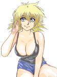  1girl :3 bare_arms bare_shoulders blonde_hair blue_eyes blue_shorts breasts cleavage closed_mouth fang fang_out grey_tank_top hair_between_eyes hand_in_own_hair hand_up hellsing medium_breasts mizumori_keiichi seras_victoria short_hair short_shorts shorts simple_background sitting smile solo split_mouth tank_top white_background 