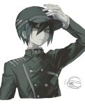  1boy ahoge arm_up black_hair black_headwear black_jacket breast_pocket brown_eyes buttons cropped_torso danganronpa_(series) danganronpa_v3:_killing_harmony double-breasted hair_between_eyes hand_on_headwear highres i-hara jacket long_sleeves looking_at_viewer male_focus pocket saihara_shuichi short_hair simple_background smile solo striped striped_jacket upper_body white_background 