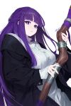  1girl absurdres black_coat breasts closed_mouth coat dress fern_(sousou_no_frieren) highres holding holding_staff large_breasts layered_sleeves long_hair looking_at_viewer purple_eyes purple_hair signature simple_background sleeves_past_wrists solo sousou_no_frieren staff tizibade upper_body very_long_hair white_background white_dress 