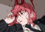  1girl black_necktie blood blood_in_hair blood_on_clothes blood_on_face blood_on_wall blood_splatter chainsaw_man collared_shirt death headshot highres injury jason_kim looking_to_the_side makima_(chainsaw_man) medium_hair necktie open_mouth red_hair ringed_eyes shirt solo suit white_shirt yellow_eyes 