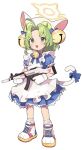  1girl absurdres ahoge animal_hands animal_hat apron bell blue_archive blue_bow blue_bowtie blue_ribbon bow bowtie cat_hat cat_paws cat_tail commentary dejiko di_gi_charat dress english_commentary frilled_apron frills full_body gloves green_eyes green_hair gun hair_bell hair_intakes hair_ornament halo hat highres holding holding_gun holding_weapon jingle_bell maid maid_apron medium_dress mixed-language_commentary neck_bell open_mouth opossumachine paw_gloves puffy_short_sleeves puffy_sleeves ribbon short_hair short_sleeves simple_background solo standing tail tail_ornament tail_ribbon weapon white_apron white_background white_gloves yellow_halo 