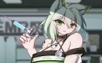  1girl absurdres animal_ear_fluff animal_ears arknights blurry blurry_background blush breasts cat_ears cat_girl criss-cross_halter dior-zi dress green_dress green_eyes green_hair hair_between_eyes halterneck hand_up highres holding holding_syringe indoors kal&#039;tsit_(arknights) large_breasts looking_at_viewer medium_hair off-shoulder_dress off_shoulder open_mouth oripathy_lesion_(arknights) parted_lips portrait solo syringe 