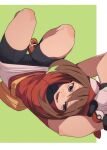  1girl ass_visible_through_thighs bandana bike_shorts black_gloves blue_eyes breasts brown_hair commentary_request fu-ta gloves green_background highres holding holding_poke_ball long_hair looking_at_viewer lying may_(pokemon) medium_breasts on_back open_mouth poke_ball pokemon pokemon_(game) pokemon_rse red_bandana red_shirt shirt shoes short_hair solo teeth thighs two-tone_background two-tone_gloves white_background white_gloves 