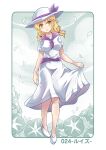  1girl blonde_hair breasts colonel_aki commentary_request dress flower hat long_hair looking_at_viewer louise_(touhou) medium_breasts petals short_sleeves smile solo sun_hat touhou translation_request twintails white_dress white_footwear yellow_eyes 