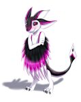  2019 3_ears ambiguous_gender anthro avali biped black_sclera black_toe_claws blush claws crossed_arms feathers hi_res kasari_(excylis) markings monotone_legs mouth_closed multicolored_body multicolored_feathers purple_eyes purple_markings shadow shy_expression simple_background smile solo tail toe_claws tuwka white_background white_inner_ear white_legs 