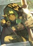  1girl absurdres arrow_(projectile) blunt_bangs blurry blurry_foreground boots bow_(weapon) cloak commission gloves green_hair hair_ornament hairclip hide_(hideout) highres hood hood_up hooded_cloak long_hair looking_at_viewer original pointy_ears skeb_commission solo thigh_boots weapon yellow_eyes 