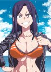  1girl bikini black_hair blue_sky blush breasts cleavage cloud collarbone day grin hand_up highres horizon idolmaster idolmaster_cinderella_girls idolmaster_cinderella_girls_starlight_stage jacket jacket_pull large_breasts leather leather_jacket long_hair long_sleeves looking_at_viewer mukai_takumi natsumi_chorisuke navel ocean open_clothes open_jacket orange_bikini outdoors parted_bangs sky smile solo sweat swimsuit upper_body yellow_eyes 