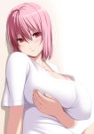  1girl alternate_costume blush breast_hold breasts cleavage collarbone hair_between_eyes highres large_breasts looking_at_viewer nori_tamago open_mouth pink_hair red_eyes saigyouji_yuyuko shirt short_hair short_sleeves solo touhou upper_body white_shirt 