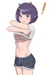  ! 1girl absurdres black_shorts blue_eyes blush bra breasts clothes_lift grey_bra highres hololive hololive_english lifted_by_self looking_at_viewer navel ninomae_ina&#039;nis ninomae_ina&#039;nis_(5th_costume) open_mouth parted_bangs pixie_cut pointy_ears purple_hair shift_(shiftillust) shirt shirt_lift short_hair short_shorts shorts small_breasts swept_bangs t-shirt teeth underwear upper_teeth_only virtual_youtuber white_shirt 