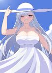  1girl alternate_costume azur_lane bare_arms bare_shoulders belfast_(azur_lane) blue_sky breasts cleavage cloud collarbone commentary_request cowboy_shot day dress grey_eyes grey_hair grin highres large_breasts lemon_kele long_hair looking_at_viewer one_eye_closed sky sleeveless sleeveless_dress smile solo spaghetti_strap standing very_long_hair white_dress white_headwear 