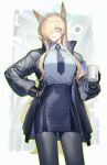  1girl absurdres animal_ears blonde_hair blue_archive blue_armband blue_eyes blue_jacket blue_necktie blue_pantyhose blue_shirt blue_skirt coffee_mug collared_shirt contrapposto cup dog_ears frown hair_over_one_eye halo hand_on_hip high-waist_skirt highres holding holding_cup jacket kanna_(blue_archive) long_hair long_sleeves mug necktie open_clothes open_jacket pantyhose pencil_skirt rhine_(overtonerhine) ringed_eyes sharp_teeth shirt skirt solo spoken_squiggle squiggle swept_bangs tareme teeth very_long_hair 