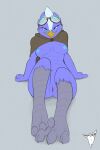  anthro anus avian beak bedroom_eyes bent_legs bird blue_body blue_eyes blue_feathers blue_nipples bmbrigand breasts callie_quiem cape clothing eyewear feathers female genitals goggles hi_res narrowed_eyes nipples passerine presenting pussy seductive sitting solo talons yellow_beak 