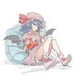  bat_wings bifidus_(exkagerou8665) blue_hair bow_legwear hat hat_ribbon highres mob_cap one-hour_drawing_challenge pillow pink_headwear pink_shirt pink_skirt pocky_day pointy_ears red_eyes red_ribbon remilia_scarlet ribbon shirt sitting skirt socks touhou white_background wings 