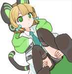  1girl animal_ear_headphones animal_ears aqua_necktie black_shorts black_thighhighs blonde_hair blue_archive blue_bow bow cat_ear_headphones cat_tail collared_shirt double_horizontal_stripe fake_animal_ears green_eyes hair_bow hands_on_own_thighs headphones hood hood_down hooded_jacket jacket lowres midori_(blue_archive) necktie open_clothes open_jacket shirt short_hair shorts sicky_(pit-bull) single_horizontal_stripe sitting solo tail thighhighs white_shirt 