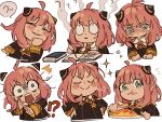  !? 1girl =3 ? ahoge anya&#039;s_heh_face_(meme) anya_(spy_x_family) artist_name black_dress blush blush_stickers book brooch child closed_eyes closed_mouth collared_shirt commentary_request cone_hair_bun cropped_torso crying crying_with_eyes_open double_bun dress eating eden_academy_school_uniform expressions eyelashes food food_on_face gold_trim green_eyes hair_between_eyes hair_bun hairpods hand_up hands_on_own_hips head_steam highres holding holding_pencil holding_spoon jewelry long_sleeves medium_hair meme multiple_views neck_ribbon nose_blush notice_lines omelet omurice open_book open_mouth parted_lips peanuts_omr pencil pink_hair plate red_ribbon ribbon school_uniform shirt sidelocks simple_background smile smug sparkle speech_bubble split_mouth spoon spy_x_family square_neckline star_(symbol) surprised sweat tears teeth turn_pale twitter_username u_u upper_body upper_teeth_only v-shaped_eyebrows white_background white_shirt wide-eyed 