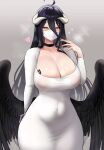  1girl ahoge albedo_(overlord) black_choker black_hair breast_tattoo breasts breath choker cosplay dongtan_lady_(k_pring) dongtan_lady_(k_pring)_(cosplay) dress half-closed_eyes heart highres huge_breasts long_hair mask mouth_mask overlord_(maruyama) queen_of_spades_symbol solo spade_tattoo sweat tattoo tight_clothes tight_dress very_long_hair white_dress white_mask yanun0557 yellow_eyes 