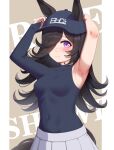  1girl absurdres animal_ears armpits arms_up baseball_cap black_shirt boc&#039;z_(umamusume) breasts covered_navel enddada hair_over_one_eye hat highres horse_ears horse_girl horse_tail purple_eyes rice_shower_(umamusume) shirt skirt small_breasts tail umamusume 