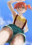  1girl :o armpits breasts butt_plug cloud commentary_request day eyelashes from_below green_eyes green_shorts hair_between_eyes hand_on_own_hip highres himerin midriff misty_(pokemon) navel no_panties open_mouth orange_hair outdoors pokemon pokemon_(anime) pokemon_(classic_anime) pussy pussy_peek sex_toy shirt shorts side_ponytail sky sleeveless sleeveless_shirt solo suspenders sweat teeth tongue upper_teeth_only yellow_shirt 