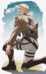  1boy ass blonde_hair boots cloud cloudy_sky cropped_jacket from_behind full_body highres leather leather_boots looking_to_the_side male_focus on_one_knee pants paradis_military_uniform reiner_braun shingeki_no_kyojin shirt short_hair sky solo sssida3 