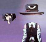  1other androgynous atoymk bare_shoulders black_eyes black_hair black_headwear collared_shirt detached_sleeves disembodied_head empty_eyes enraku_tsubakura expressionless fine_art_parody green_skirt hat hat_ribbon highres len&#039;en looking_at_viewer neck_ribbon other_focus parody pleated_skirt purple_background red_ribbon ribbon shirt short_hair skirt sleeveless sleeveless_shirt solo the_pilgrim_(magritte) white_shirt white_sleeves 