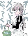  1girl ahoge alternate_costume apron black_dress bucket commentary_request cowboy_shot dress enmaided frilled_apron frills glasses grey_eyes grey_hair heywood_l._edwards_(kancolle) highres kantai_collection long_hair looking_at_viewer maid maid_headdress samekun_(samekun_s) solo translation_request white_apron 