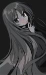  1other androgynous anmita_(rarutos) black_background clause commentary_request finger_to_cheek len&#039;en long_hair long_sleeves looking_at_viewer monochrome other_focus parted_lips shirt simple_background sketch smile solo very_long_hair 