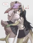  2girls animal_ears animal_nose black_hair blush breasts brown_hair closed_mouth eyes_visible_through_hair fang fang_out furry furry_female furry_with_furry heart highres large_breasts long_hair multiple_girls noona_plz original spoken_blush tail yuri 