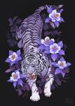  animal artist_name black_background flower highres looking_at_viewer no_humans norapotwora open_mouth original purple_eyes purple_flower tiger watermark white_tiger 
