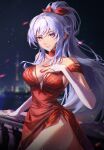  1girl absurdres bare_shoulders bow breasts commission commissioner_upload dress fire_emblem fire_emblem:_genealogy_of_the_holy_war hair_bow hand_on_own_chest highres ishtar_(fire_emblem) kozzz_y long_hair purple_eyes red_dress red_nails side_slit thighs 