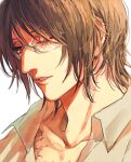 1other androgynous brown_eyes brown_hair collarbone collared_shirt glasses hange_zoe lips mo_cha_ri one_eye_closed open_clothes open_shirt other_focus parted_lips scar scar_across_eye scar_on_chest shingeki_no_kyojin shirt short_hair simple_background solo upper_body white_background white_shirt wing_collar 
