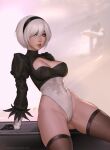  1girl 2b_(nier:automata) arm_support arms_behind_back ass_visible_through_thighs black_gloves black_hairband black_leotard blue_eyes breasts brown_thighhighs cleavage cleavage_cutout clothing_cutout feather-trimmed_sleeves freli gloves groin hairband highleg highleg_leotard highres lace-trimmed_thighhighs leotard lips medium_breasts multicolored_clothes multicolored_gloves multicolored_leotard nier:automata nier_(series) parted_lips patreon_logo patreon_username short_hair sitting solo thighhighs two-tone_gloves two-tone_leotard white_gloves white_hair white_leotard 